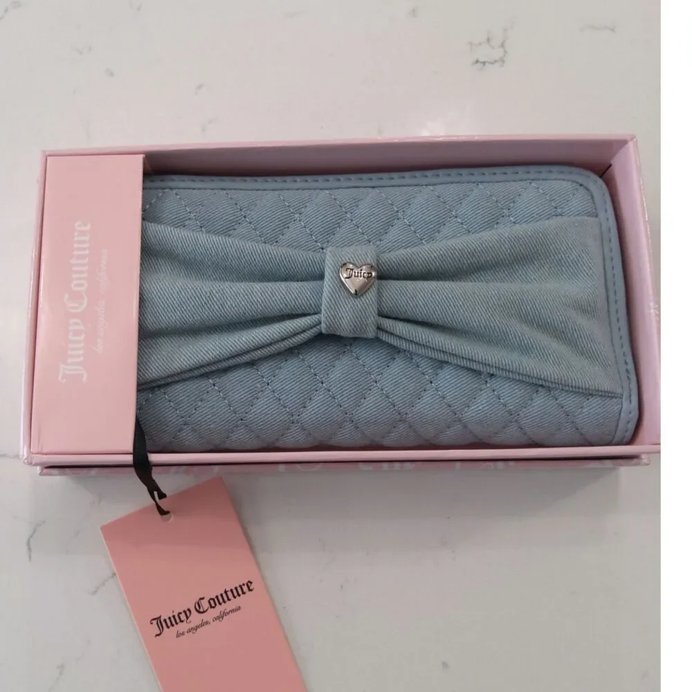 NWT Juicy Couture quilted denim wallet Chambray  glam bow w charm soft Feminine